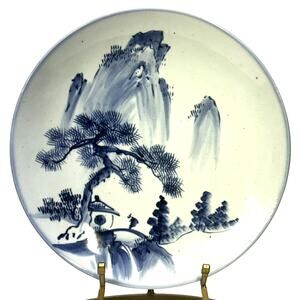 Antique Japanese Meiji Period 15" Charger Blue and White Landscape Arita Ware